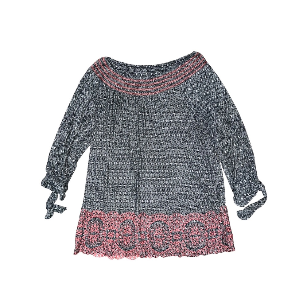 Fever Boho Smocked Flowy Embroidered Peasant Blouse Geometric Tie Sleeve Top 1X